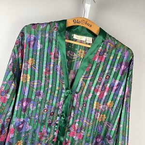 Vintage Victoria's Secret Pajama Top Womens L Green Satin Floral Gold Label